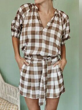Summersalt Women's Silky Paperbag Shorts in Brown White Checker Size 8